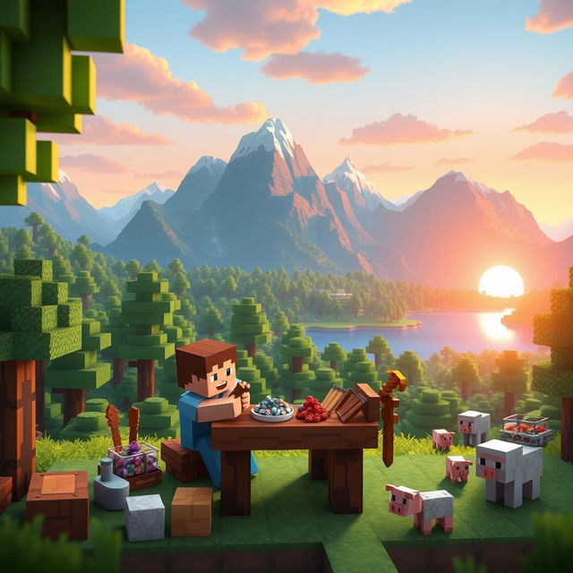 A vibrant and blocky Minecraft landscape featuring a lush green forest, towering mountains in the background, and a serene lake reflecting the sky