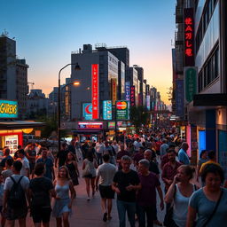 A vibrant city scene during twilight, showcasing the bustling life of the public