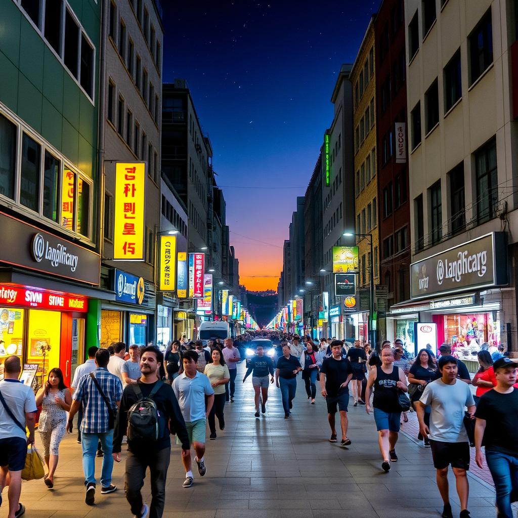 A vibrant city scene during twilight, showcasing the bustling life of the public