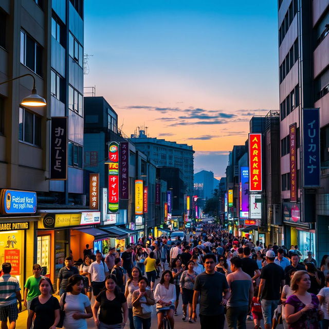 A vibrant city scene during twilight, showcasing the bustling life of the public