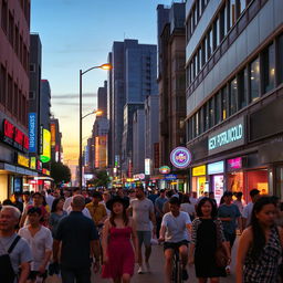 A vibrant city scene during twilight, showcasing the bustling life of the public