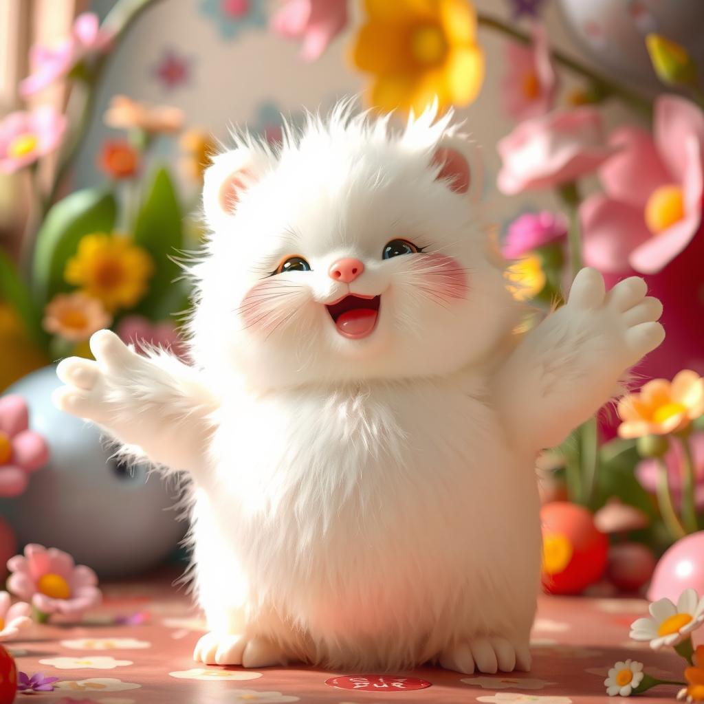 A plump, white fluffy creature, positioned in a cute and playful pose, with its limbs spread out in a joyful manner