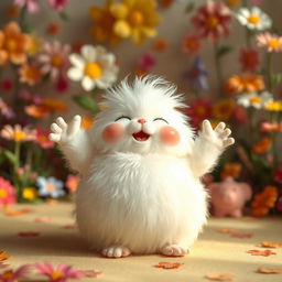 A plump, white fluffy creature, positioned in a cute and playful pose, with its limbs spread out in a joyful manner