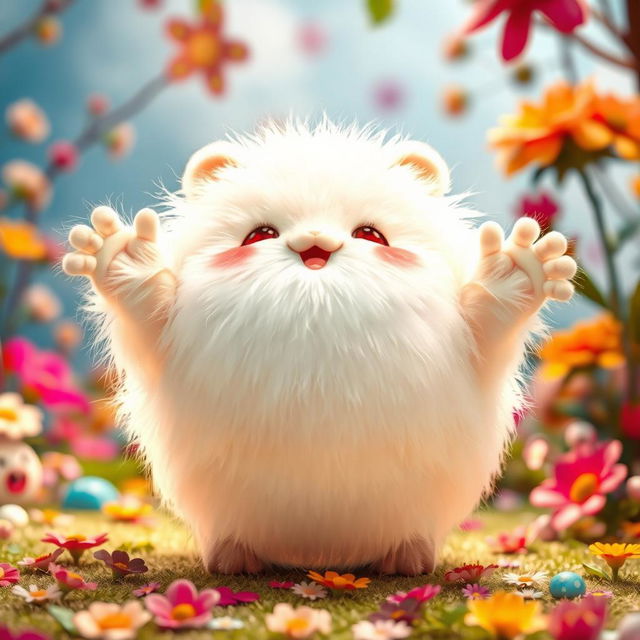 A plump, white fluffy creature, positioned in a cute and playful pose, with its limbs spread out in a joyful manner