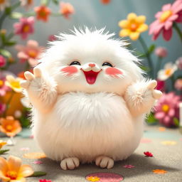 A plump, white fluffy creature, positioned in a cute and playful pose, with its limbs spread out in a joyful manner