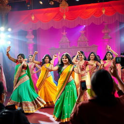 A vibrant Bollywood scene featuring a glamorous film set
