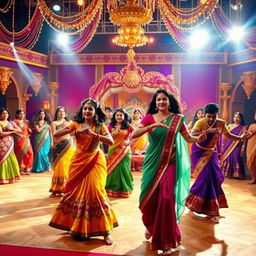A vibrant Bollywood scene featuring a glamorous film set