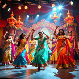 A vibrant Bollywood scene featuring a glamorous film set