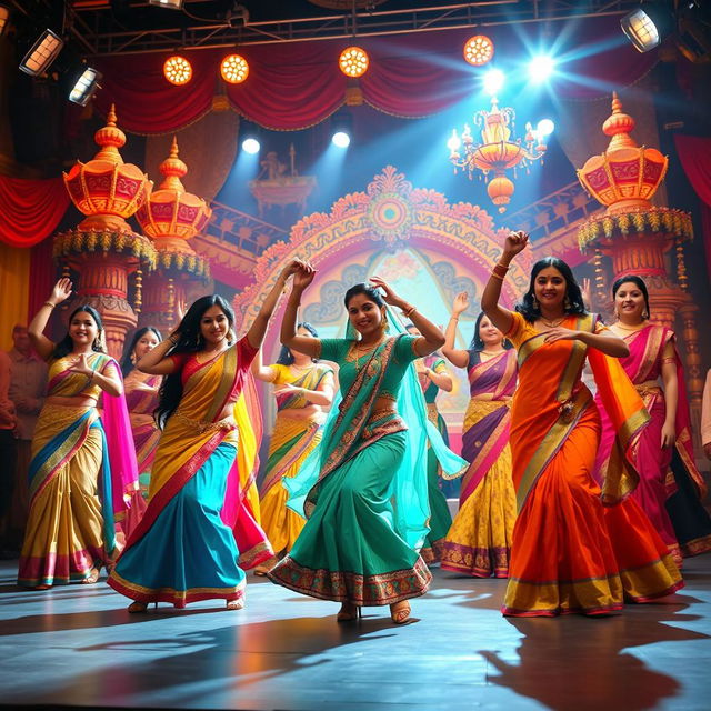 A vibrant Bollywood scene featuring a glamorous film set