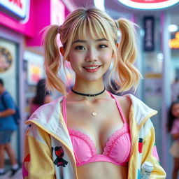 A slim 21-year-old girl with blonde hair styled in playful pigtails