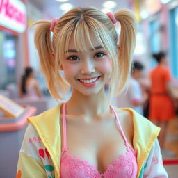 A slim 21-year-old girl with blonde hair styled in playful pigtails