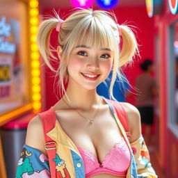 A slim 21-year-old girl with blonde hair styled in playful pigtails