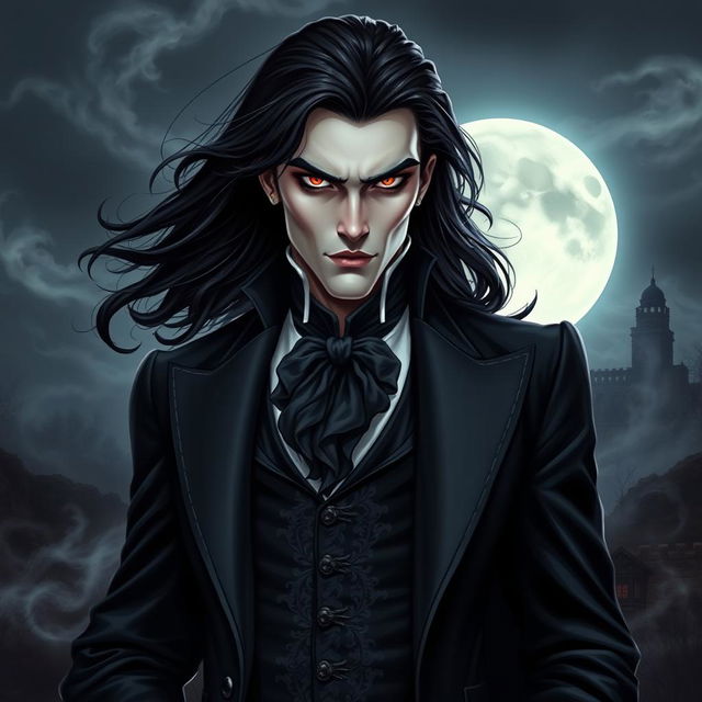 A striking vampire character design for a gothic novel cover, featuring a charismatic and mysterious figure dressed in an elegant, dark Victorian suit with intricate details