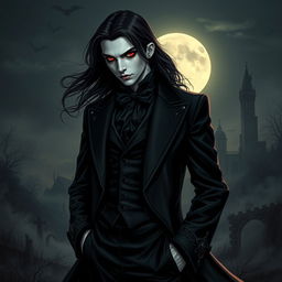 A striking vampire character design for a gothic novel cover, featuring a charismatic and mysterious figure dressed in an elegant, dark Victorian suit with intricate details