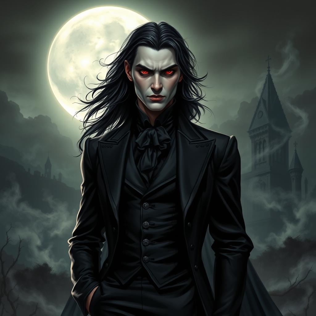 A striking vampire character design for a gothic novel cover, featuring a charismatic and mysterious figure dressed in an elegant, dark Victorian suit with intricate details