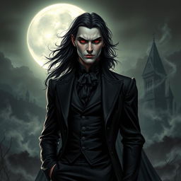 A striking vampire character design for a gothic novel cover, featuring a charismatic and mysterious figure dressed in an elegant, dark Victorian suit with intricate details