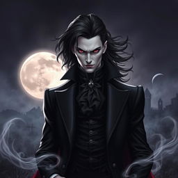 A striking vampire character design for a gothic novel cover, featuring a charismatic and mysterious figure dressed in an elegant, dark Victorian suit with intricate details