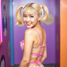 A slim 21-year-old girl with blonde hair styled in cute pigtails