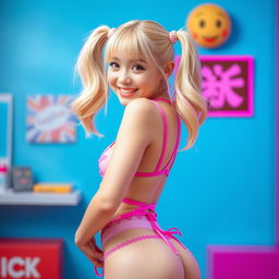 A slim 21-year-old girl with blonde hair styled in cute pigtails