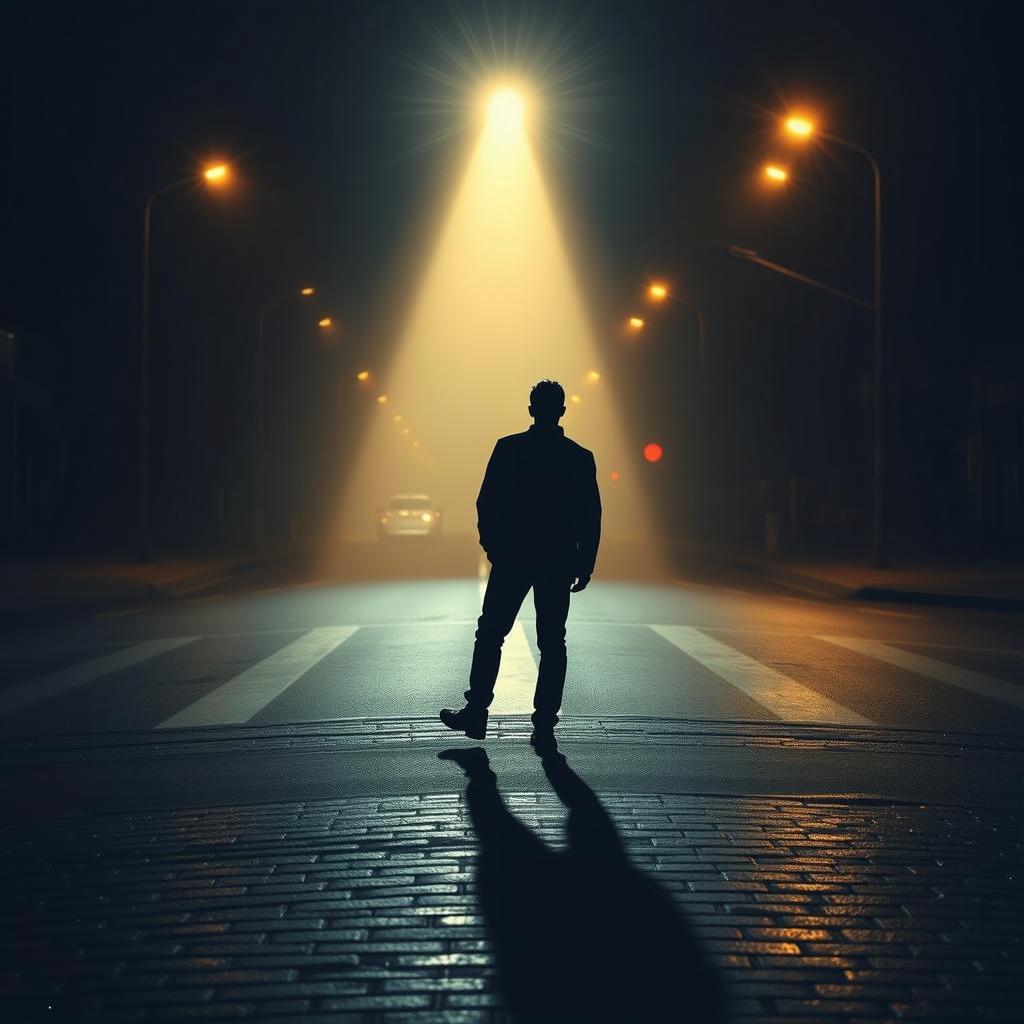 A mysterious nighttime urban street scene, showcasing a lone figure silhouetted against a bright streetlight