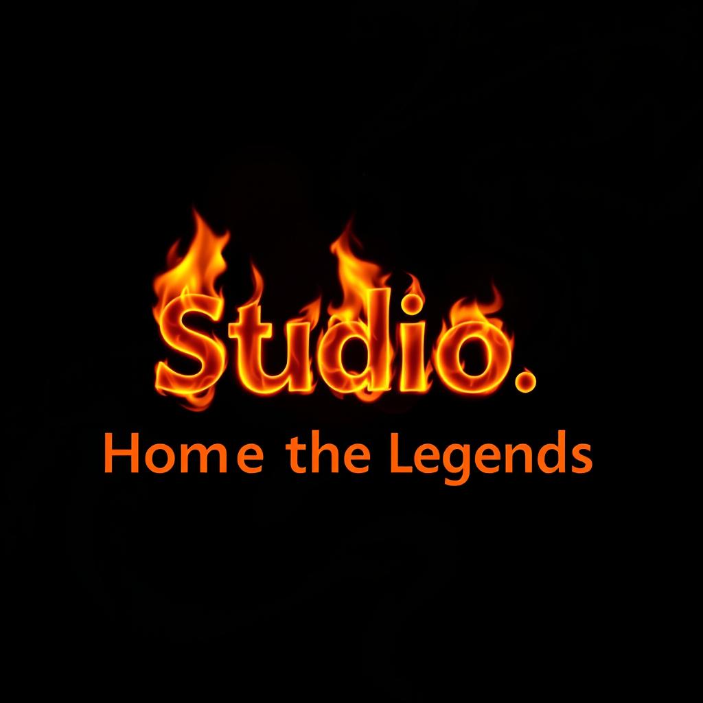 A dramatic, black smoky background featuring the phrase "Studio, Home of the Legends" artistically rendered in vibrant, fiery flames