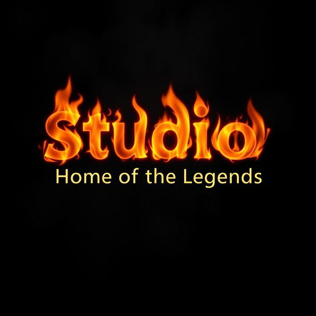 A dramatic, black smoky background featuring the phrase "Studio, Home of the Legends" artistically rendered in vibrant, fiery flames