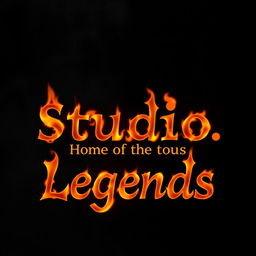 A dramatic, black smoky background featuring the phrase "Studio, Home of the Legends" artistically rendered in vibrant, fiery flames
