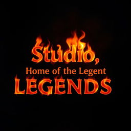 A dramatic, black smoky background featuring the phrase "Studio, Home of the Legends" artistically rendered in vibrant, fiery flames