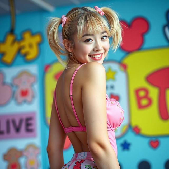 A slim 21-year-old girl with blonde hair styled in cute pigtails