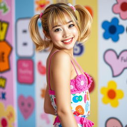 A slim 21-year-old girl with blonde hair styled in cute pigtails