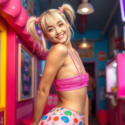 A slim 21-year-old girl with blonde hair styled in cute pigtails