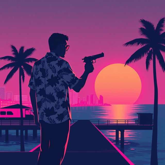 A minimalistic poster inspired by Vice City, showcasing the silhouette of a man in a tropical shirt holding a pistol, positioned on a neon-lit pier