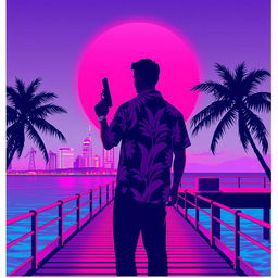 A minimalistic poster inspired by Vice City, showcasing the silhouette of a man in a tropical shirt holding a pistol, positioned on a neon-lit pier