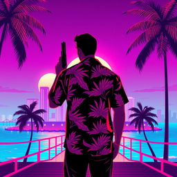 A minimalistic poster inspired by Vice City, showcasing the silhouette of a man in a tropical shirt holding a pistol, positioned on a neon-lit pier