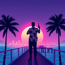 A minimalistic poster inspired by Vice City, showcasing the silhouette of a man in a tropical shirt holding a pistol, positioned on a neon-lit pier