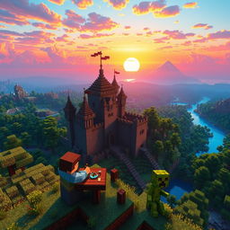 A stunning Minecraft landscape featuring a vibrant sunset, with colorful blocks and a vast horizon