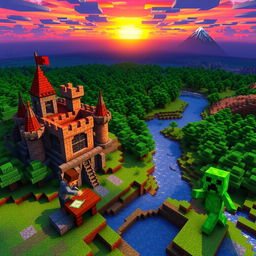 A stunning Minecraft landscape featuring a vibrant sunset, with colorful blocks and a vast horizon