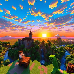 A stunning Minecraft landscape featuring a vibrant sunset, with colorful blocks and a vast horizon