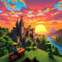 A stunning Minecraft landscape featuring a vibrant sunset, with colorful blocks and a vast horizon