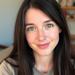 A 30-year-old white woman with long, dark brown almost black hair styled simply