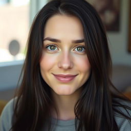 A 30-year-old white woman with long, dark brown almost black hair styled simply
