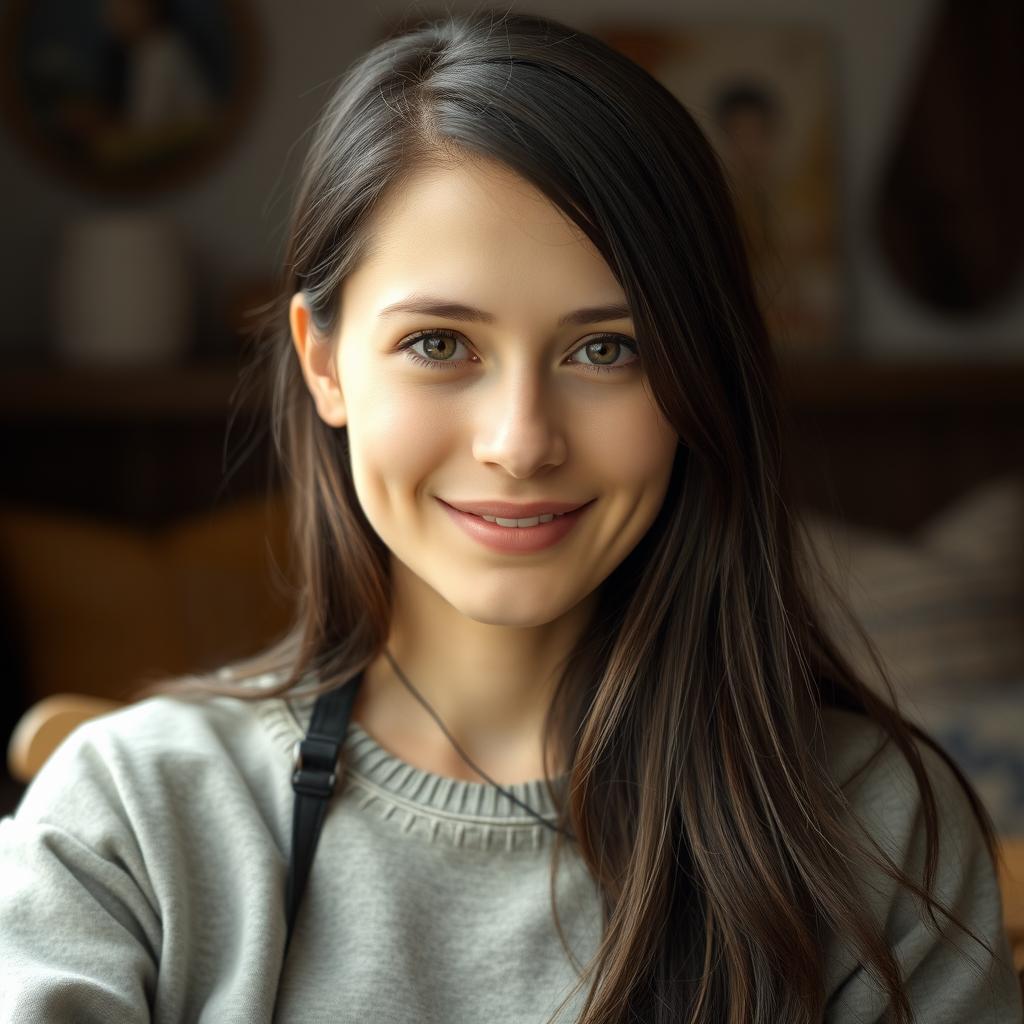 A 30-year-old white woman with long, dark brown almost black hair styled simply