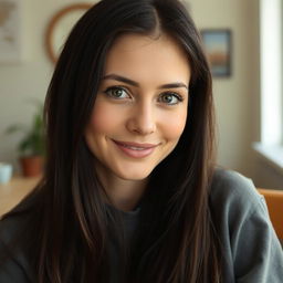A 30-year-old white woman with long, dark brown almost black hair styled simply