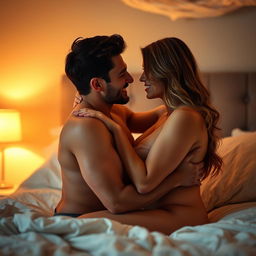 An intimate, romantic scene between a couple in a soft-focus bedroom setting, showcasing their deep connection and affection for each other