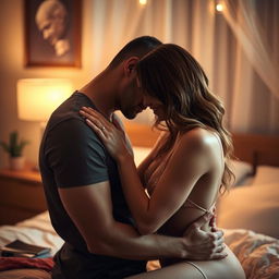 An intimate, romantic scene between a couple in a soft-focus bedroom setting, showcasing their deep connection and affection for each other