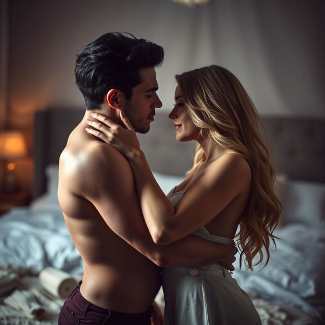 An intimate, romantic scene between a couple in a soft-focus bedroom setting, showcasing their deep connection and affection for each other