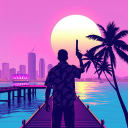 A minimalistic poster inspired by Vice City, highlighting the silhouette of a man in a tropical shirt gripping a pistol while standing on a neon-lit pier