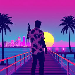 A minimalistic poster inspired by Vice City, highlighting the silhouette of a man in a tropical shirt gripping a pistol while standing on a neon-lit pier