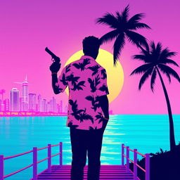 A minimalistic poster inspired by Vice City, highlighting the silhouette of a man in a tropical shirt gripping a pistol while standing on a neon-lit pier