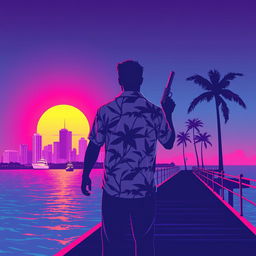 A minimalistic poster inspired by Vice City, highlighting the silhouette of a man in a tropical shirt gripping a pistol while standing on a neon-lit pier